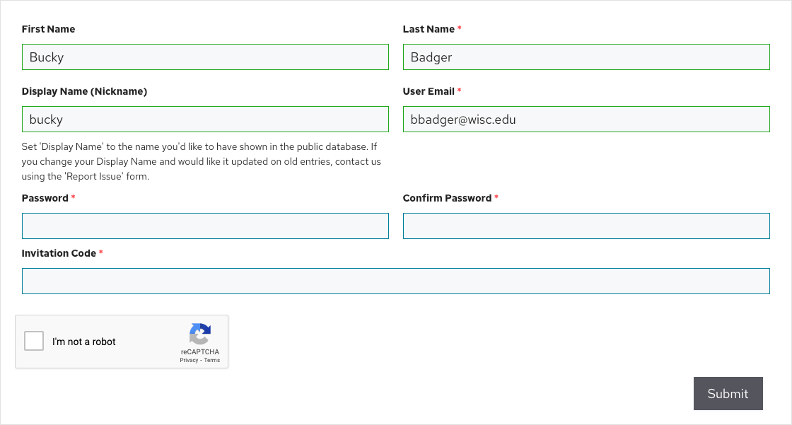 The registration form
